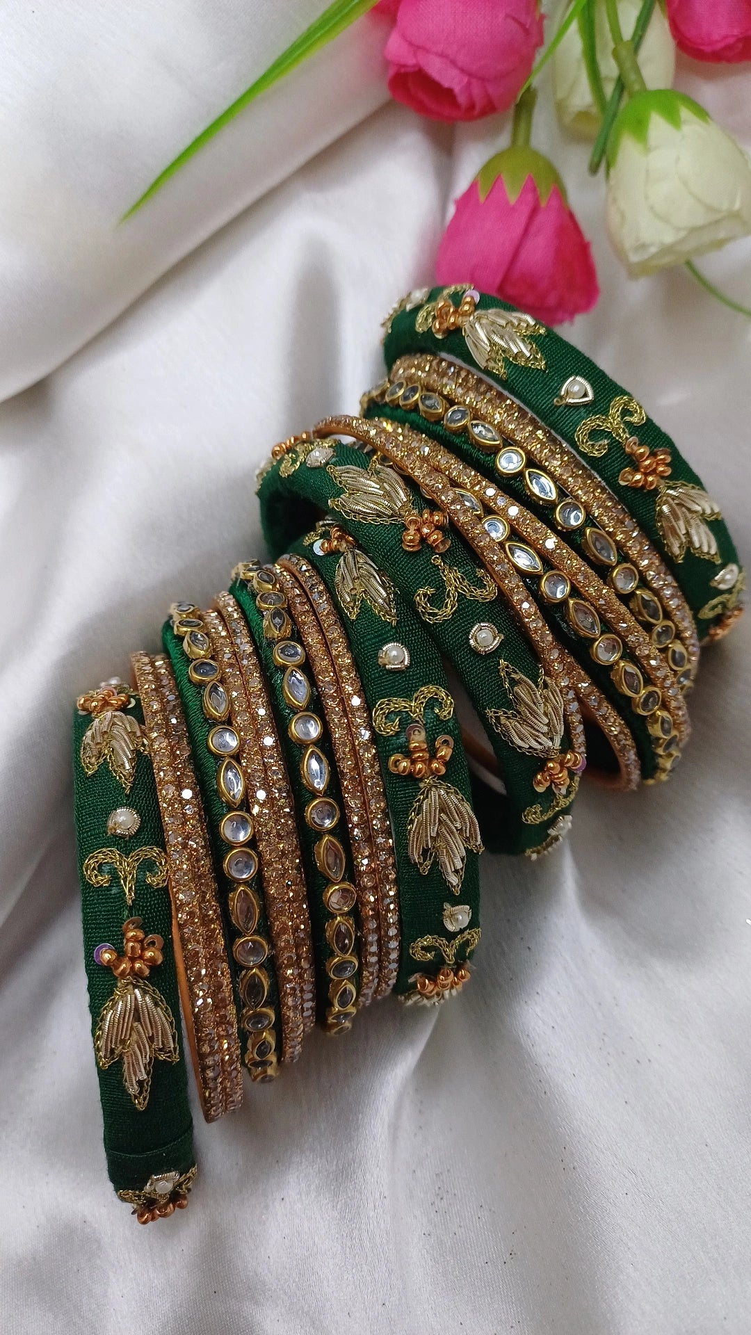JASHN BOTTLE GREEN ZARDOZI BANGLES