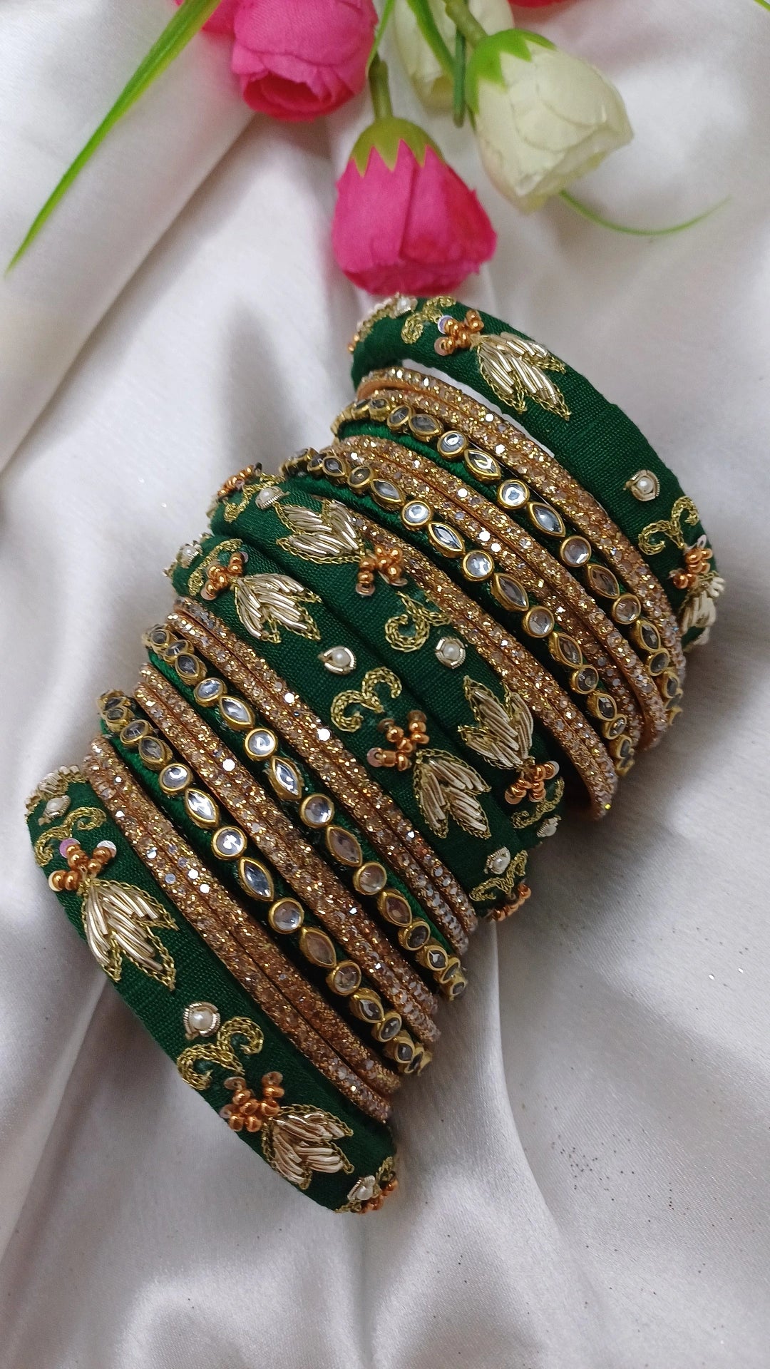 JASHN BOTTLE GREEN ZARDOZI BANGLES