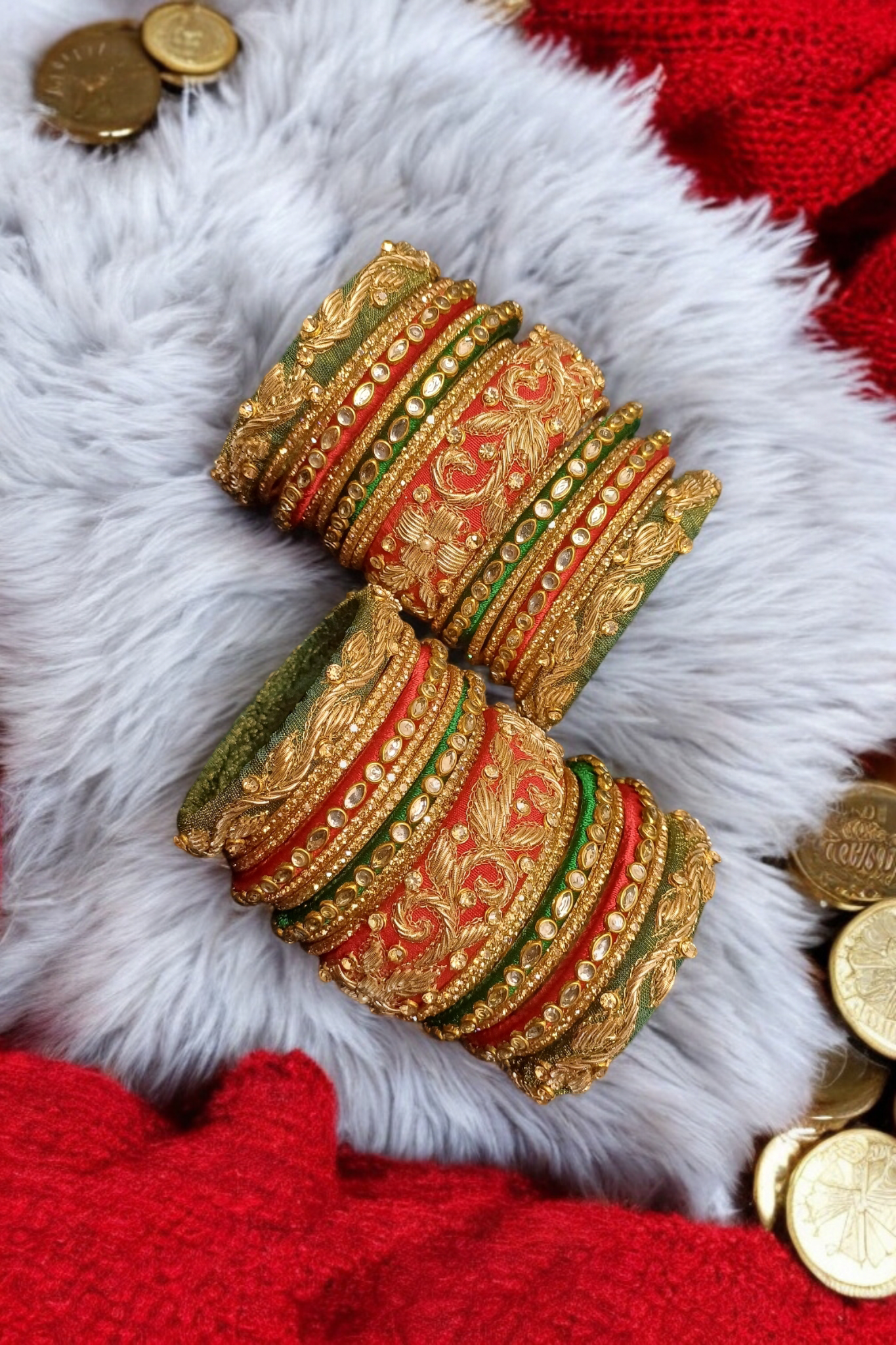 MAYUR RED N GREEN ZARD0ZI BANGLES