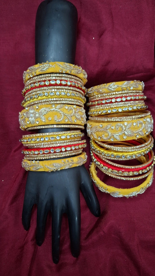 MAYUR YELLOW N RED ZARDOZI BANGLES