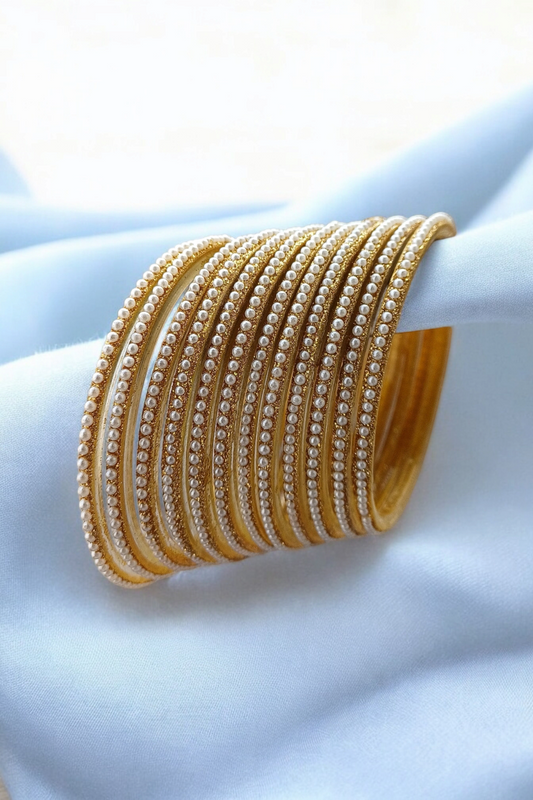 GOLDEN PEARL GLASS BANGLES SET OF 12