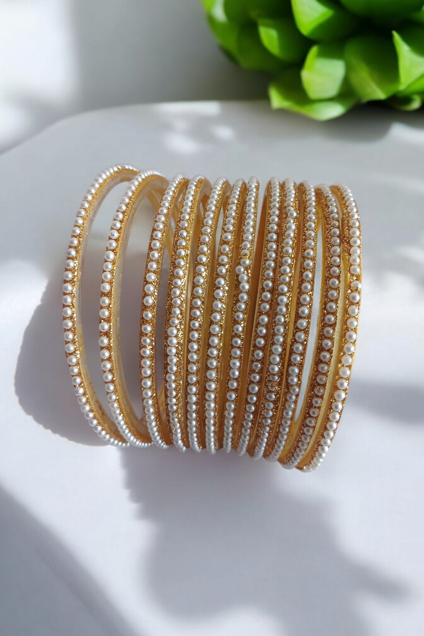 GOLDEN PEARL GLASS BANGLES SET OF 12